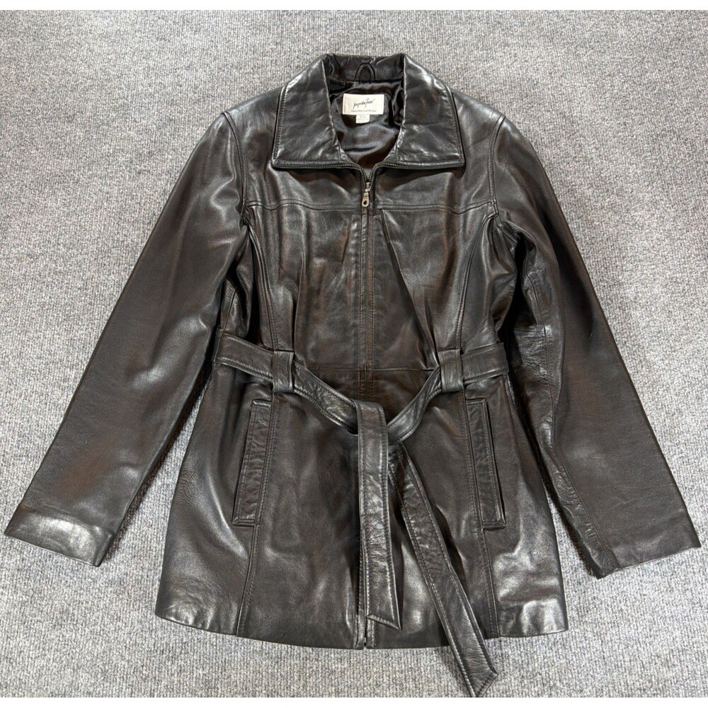 Vintage Jacqueline Ferrar Genuine Lambskin Leather Jacket Black Small Belted Zip